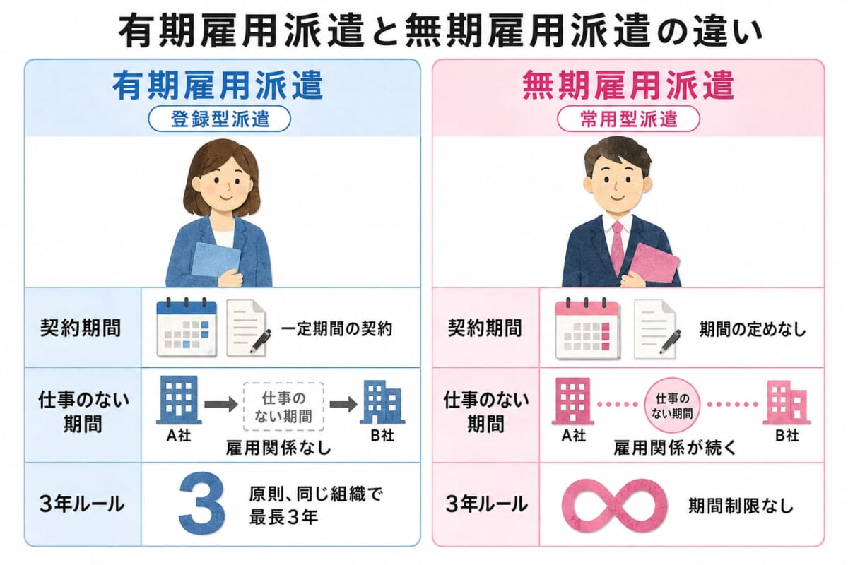 【図解】有期雇用派遣と無期雇用派遣の違い